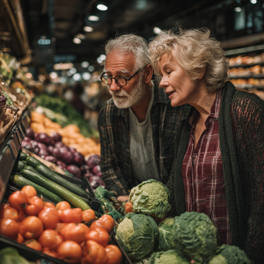 Літня пара готує здорову їжу разом на кухні